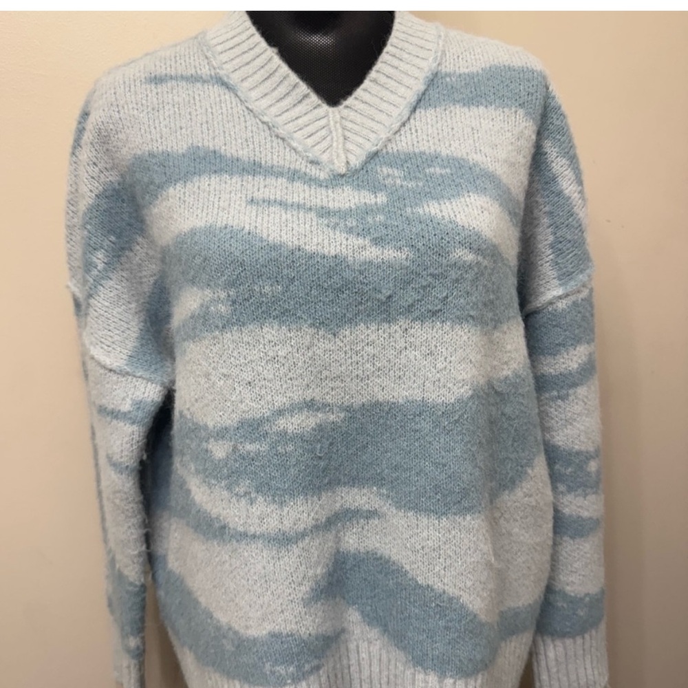 AllSaints Womens Knit V- Neck Blue White Striped Sweater S